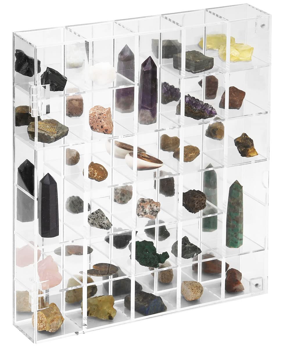 Adjustable Rock Display Case Clear Acrylic Collection Box with Mirrored Arrowhead Stones Storage Display Case Mineral Crystal Collectibles Holder Organizer Showcase Shelves with Lid