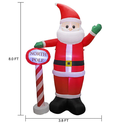 MorTime 8 FT Christmas Inflatable Santa Claus with Guidepost, Blow up Lighted Giant Wave Santa Claus North Pole with LED Lights Yard Decoration Party Display for Xmas Outdoor Decorations
