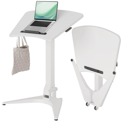 Claiks Mobile Standing Desk, Portable Rolling Workstation With Wheels, Pneumatic Height Adjustable Sit-Stand With 90 Tiltable, Foldable Non-Slip Computer Stand, White