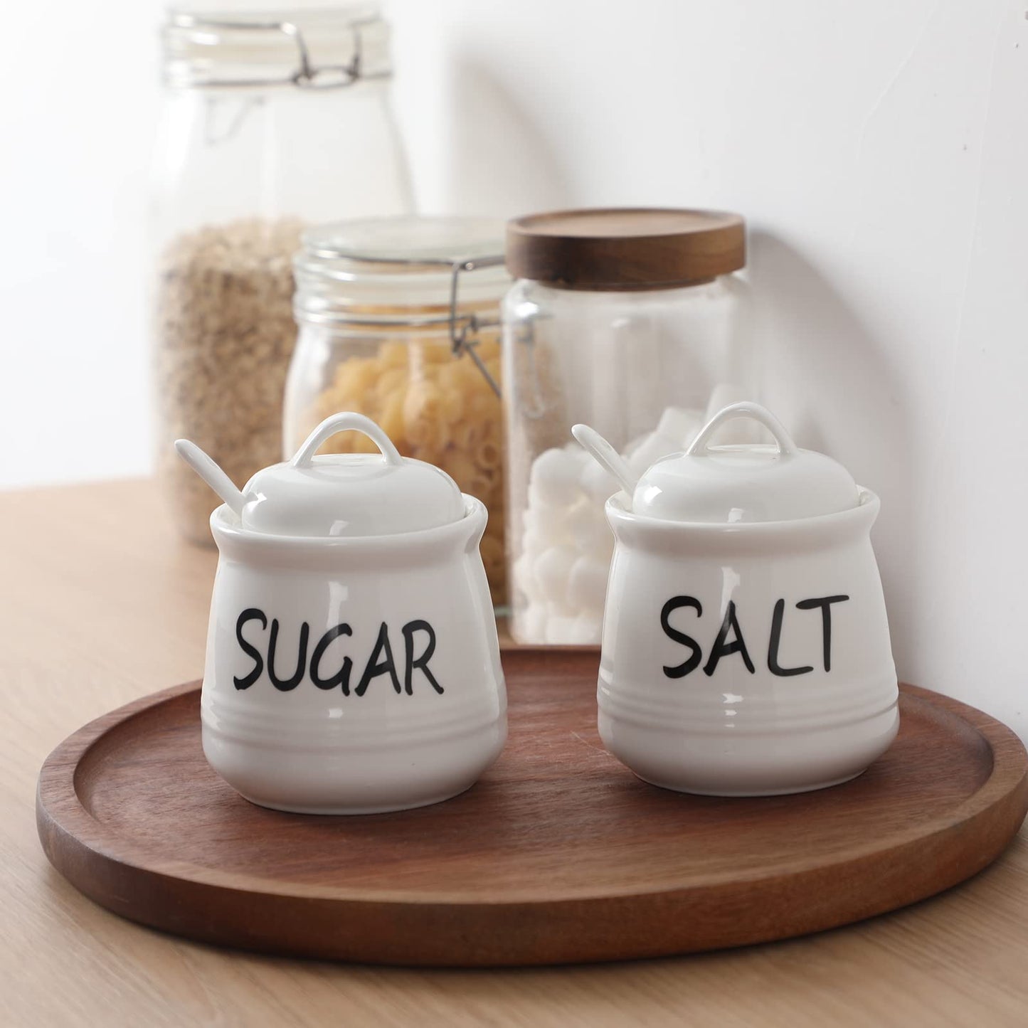 Salt and Sugar Bowls with Lid and Spoon -12 oz Ceramic Salt and Sugar Cellar Set, Salt and Sugar Containers, Spice Box for Counter, Farmhouse Kitchen Decor, White