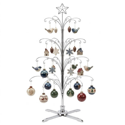 HOHIYA 74” Rotating Ornament Display Tree with 90 Hooks Heavy Duty Metal Christmas Ornament Stand Chrome Silver Holiday Display Rack Christmas Tree Alternative