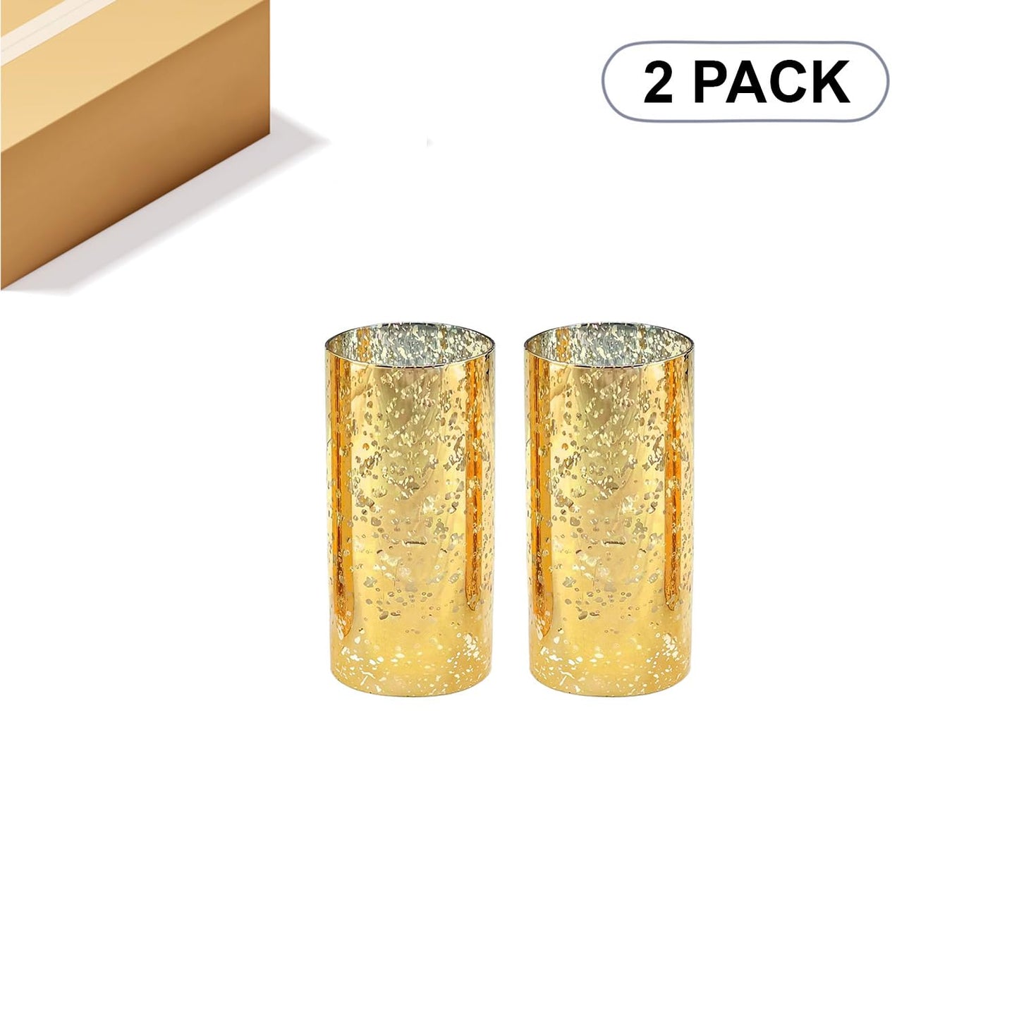 WGVI Hurricane Candle Holder Sleeve, W: 3", Ht: 6", Gold Speckled Glass Cylinder Open Both Ends, Chimney Tube Shade, 2 Pieces