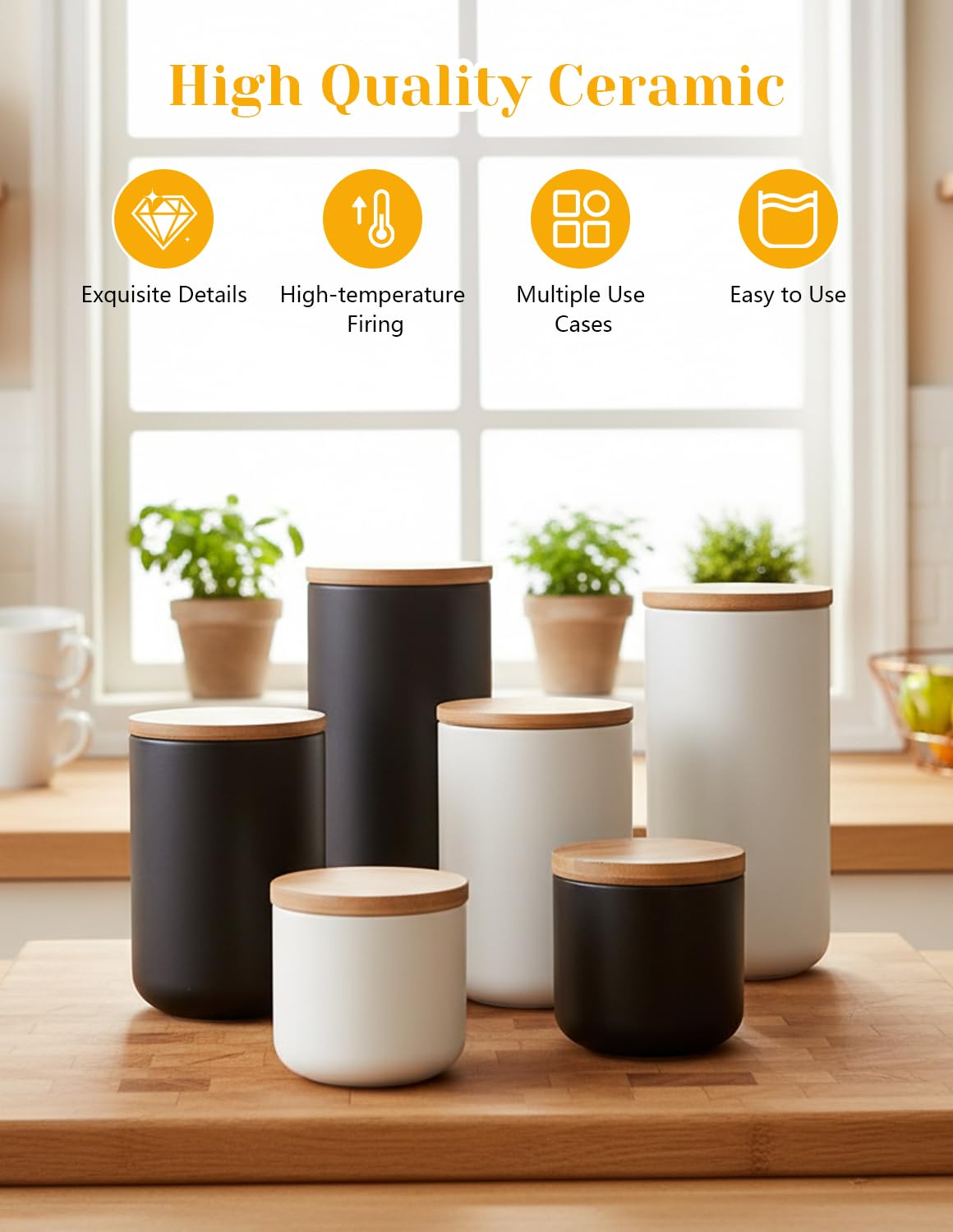 YYW Ceramics Food Storage Jar Canister with Airtight Seal Bamboo Lid, Simple Style Kitchen Canister for Food Storage, Store Coffee, Sugar, Tea, Spices and More (White (8.79oz/260ml))