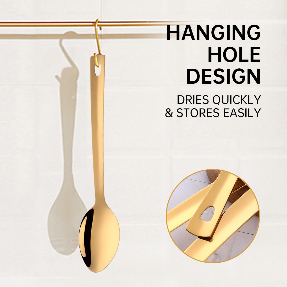 13-Inch Large Stainless Steel Serving Spoons Set, Long Handle Buffet Utensils, Dishwasher Safe (Gold, 6 piece)