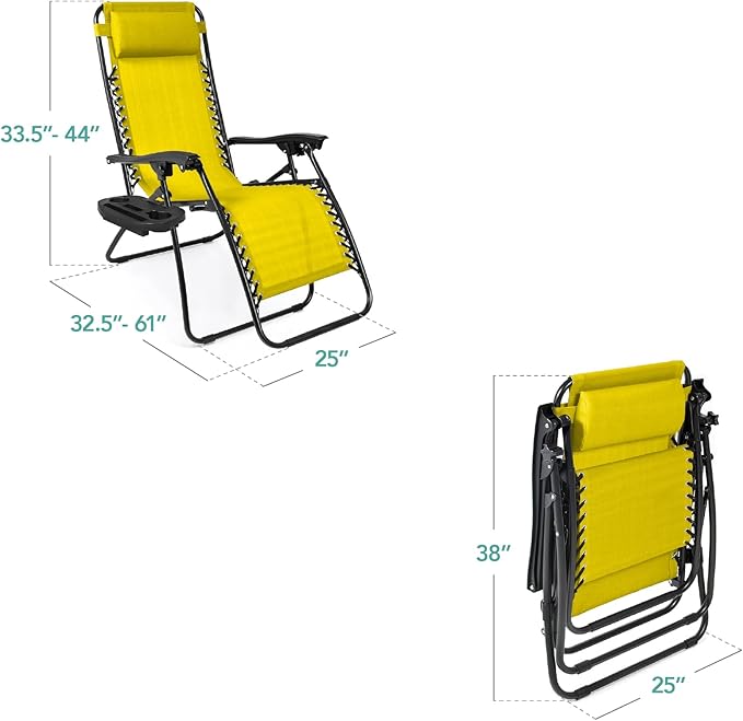 Best Choice Products Set of 2 Adjustable Steel Mesh Zero Gravity Lounge Chair Recliners w/Pillows and Cup Holder Trays - Sunflower Yellow