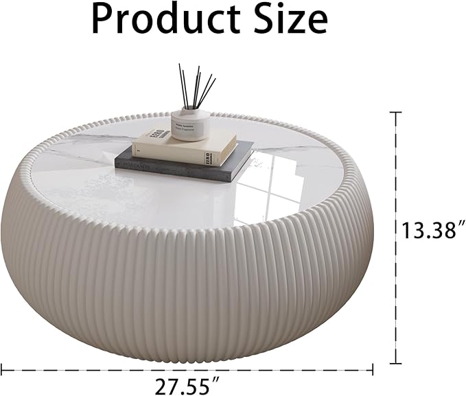 27.55" Round Marble Coffee Table, Modern Drum Coffee Cocktail Center Tables