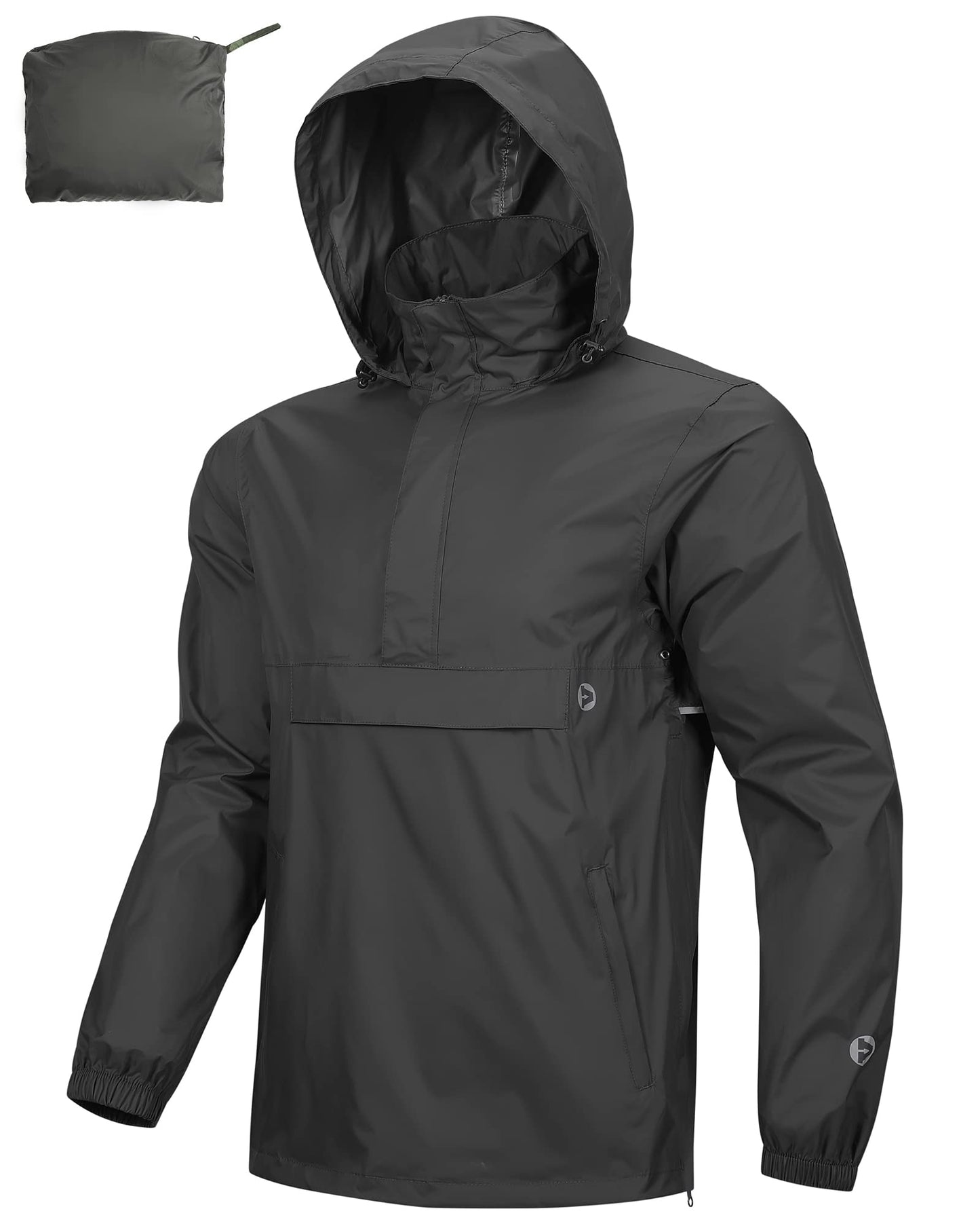 Outdoor Ventures Rain Jacket for Men Waterproof Pullover Lightweight Hooded Outdoor Raincoat Packaway Breathable Reflective Anorak Jacket for Travelling, Camping, Running, Hiking, Black L