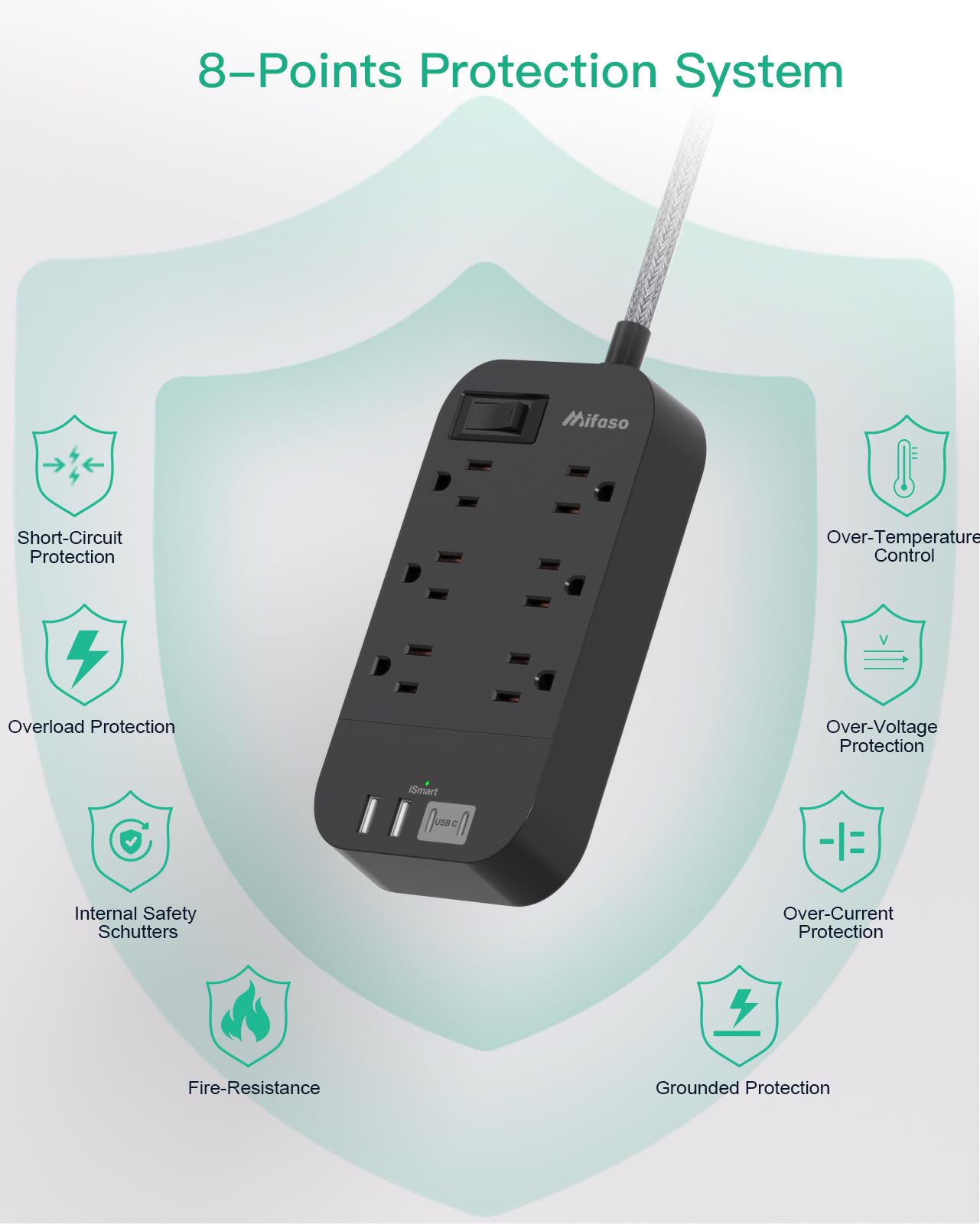 Power Strip - 10 FT Long Flat Plug Extension Cord, 6 Outlets 2 USB A 2 USB C Ports Outlet Extender with Overload Protection, Wall Mount, Desktop Charging Station for Home, Office and Dorm Essential