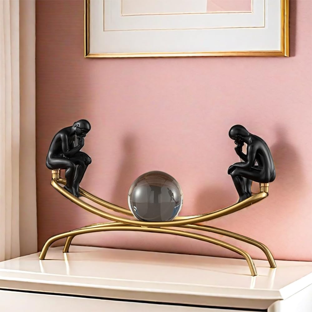 FUNSXBUG The Thinker Statue Thinking Man Statues with Crystal Ball Sculptures Collectible Figurine Home Decor Living Room Decoration Black