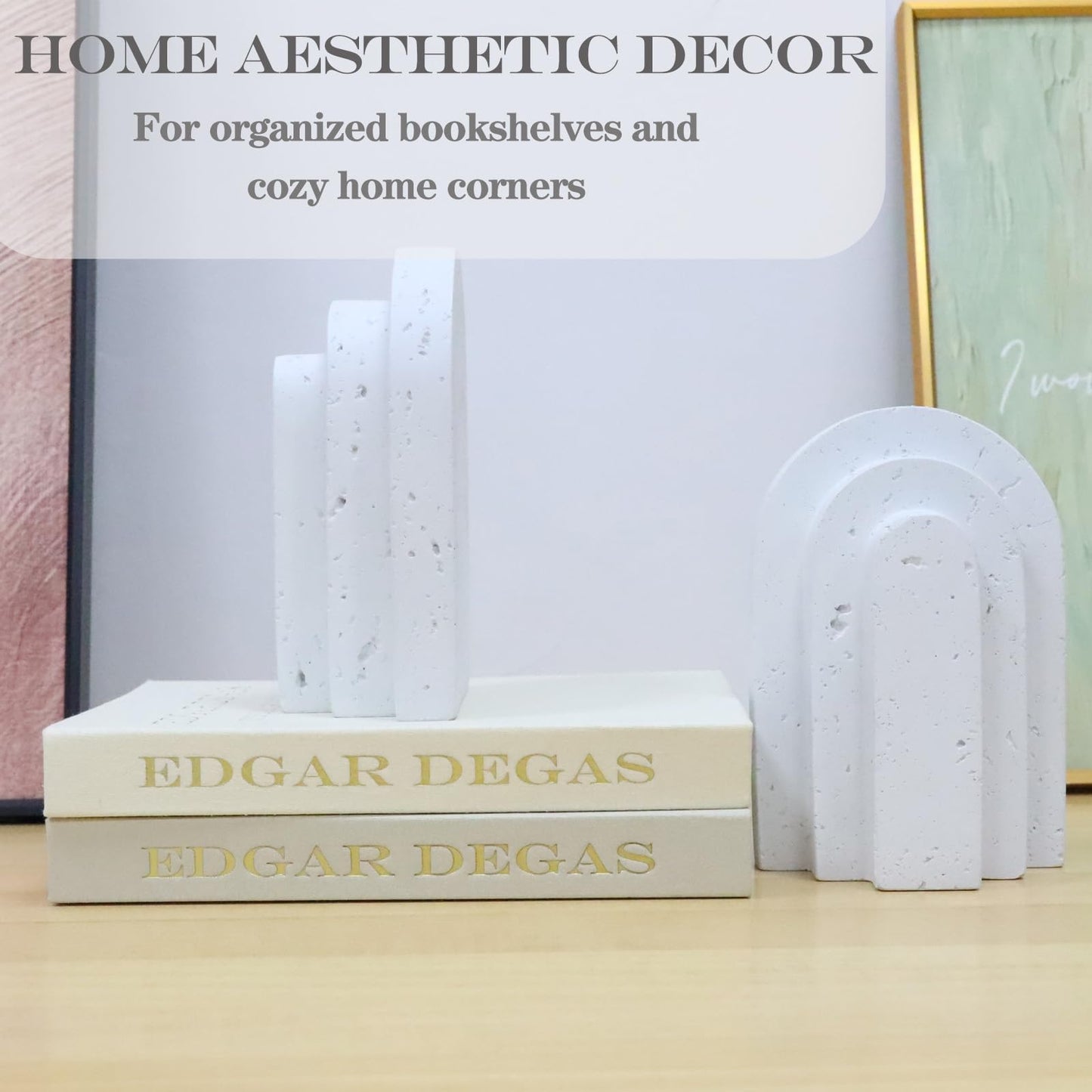 Iemegumi Decorative Book Ends for Shelves - Boho Aesthetic Bookends Decor - Heavy Duty Travertine Book Stopper Holder for Home Office Desk Coffee Table, Gifts for Book Lovers (White)