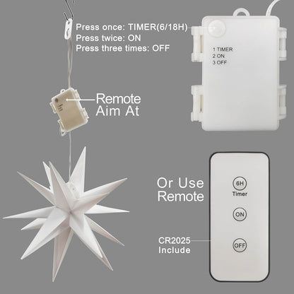 Leejec 13.3" Moravian Star Outdoor Light with Remote Control, Christmas Decorations, Indoor Hanging, Warm White LED Light, Battery Operated with Timer Function, 3-Pack, Tree, Ceiling, Balcony Decor