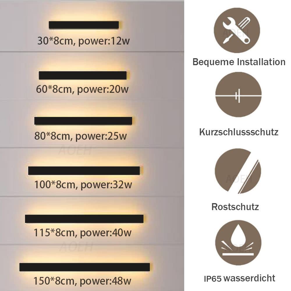 Outdoor Wall Lights LED Black Long Wall Sconce Ip65 Waterproof Outside Lights Rectangular Wall Lighting 3000k 20W Aluminum Exterior/Indoor Wall Light For Garden Villa Porch Terraces Garage,60cm*1