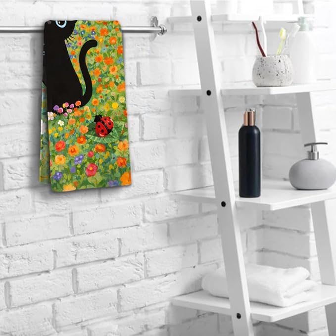 Watercolor Floral Hand Towels for Bathroom, 2 Packs Black Cat Kitchen Towels