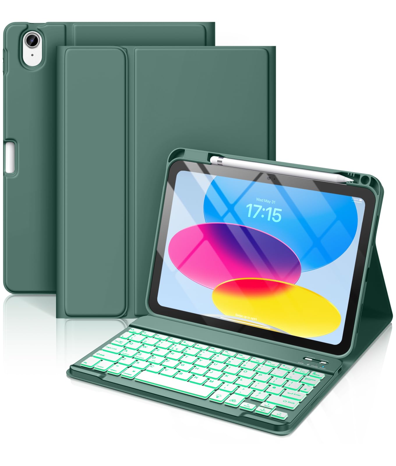 Vobafe Keyboard Case for iPad A16 11th Generation 2025/10th Generation 2022(11/10.9 inch), 7 Colors Backlit Detachable Folio Keyboard Cover with Pencil Holder for iPad 11/10 Gen, UK Layout, Pine Green