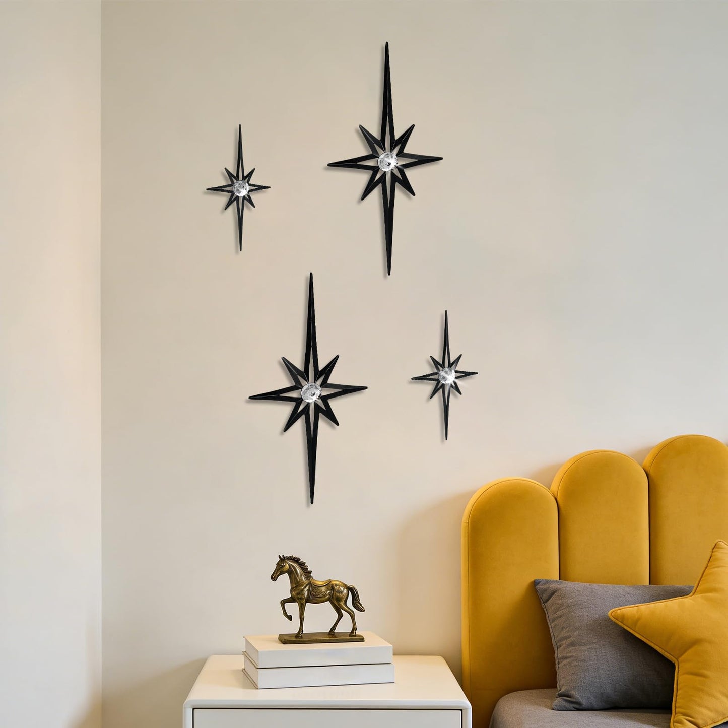 sxnzequnze 4 Pcs Star Wall Art for Home Decor Living Room Bedroom Office Metal 3D,Bling,with Hanging Hook Starburst Midcentury Sculpture Retro Gallery Accent Celestial -Black 16.5in/9.4in