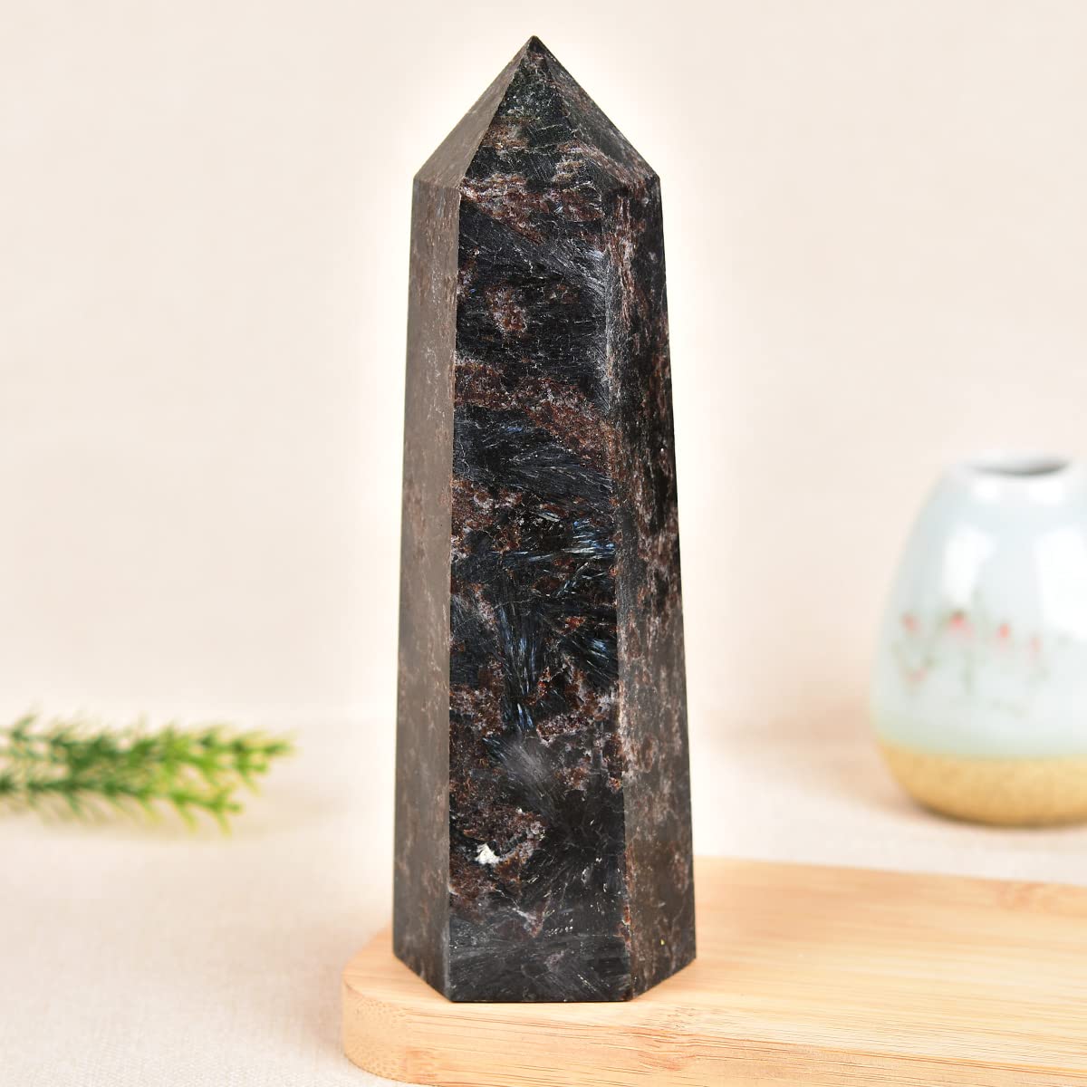MOGEMT Astrophyllite Obelisk Large Crystal Tower Black Firework Quartz Stone 6 Faceted Single Point Wand Reiki Healing 2.0-2.5 LBS