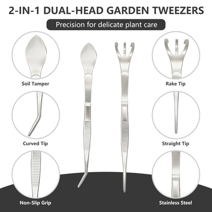 Ruatu 2 PCS Stainless Steel Garden Tweezers Set 2-in-1 Long Plant Tweezers Gardening Tools with 8.9" Curved Tine & 8.7" Straight Rake for Plants, Lawn, Bonsai, Succulents