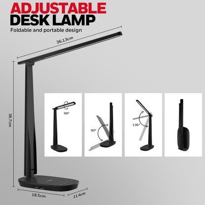 Honeywell LED Desk Lamp Eye Caring - Sunturalux H2 Table Lamp with USB Charging Port, 4 Colour Modes Stepless Dimmable, Auto Timer,Touch Control Foldable Desk Light for Home Office Bedroom Black