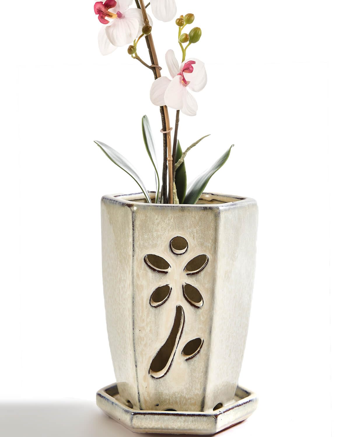 vensovo 4 Inch Ceramic Orchid Pot with Holes and Attached Saucer, Small Hexagon Orchid Planter for Repotting, Promotes Air Circulation and Drainage for Healthy Roots, Indoor Outdoor, Milk White