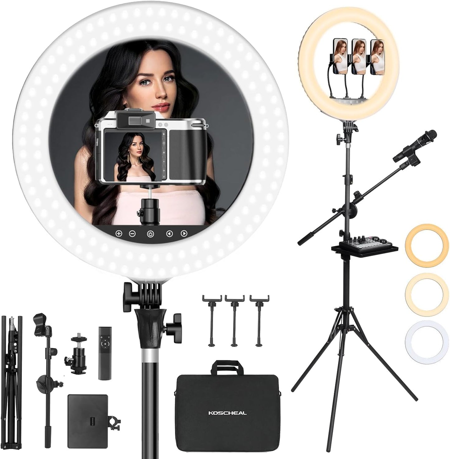 Upgraded 18 inch Ring Light with Tripod Stand & Phone Holder,KOSCHEAL Ringlights with Remote,3000-6500K Dimmable White,Extendable 86'' Tall Circle Light for Phone Camera Makeup Streaming Zoom Meeting