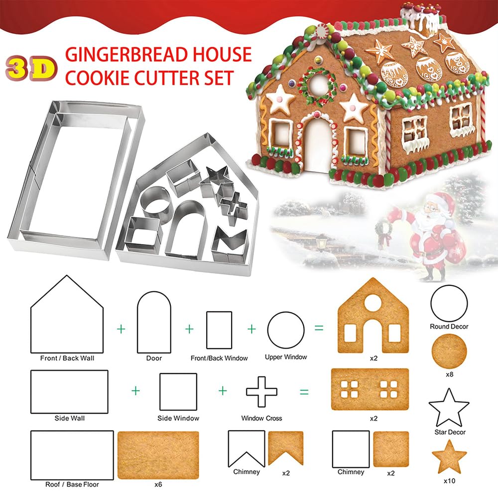 Gingerbread House Cookie Cutter Set - 3D House Cookie Cutters, Gingerbread House Kit for Holiday, Winter, Christmas & Gingerbread House Kit for Kids, Gift Package (10Pcs Christmas Cookie Cutters)