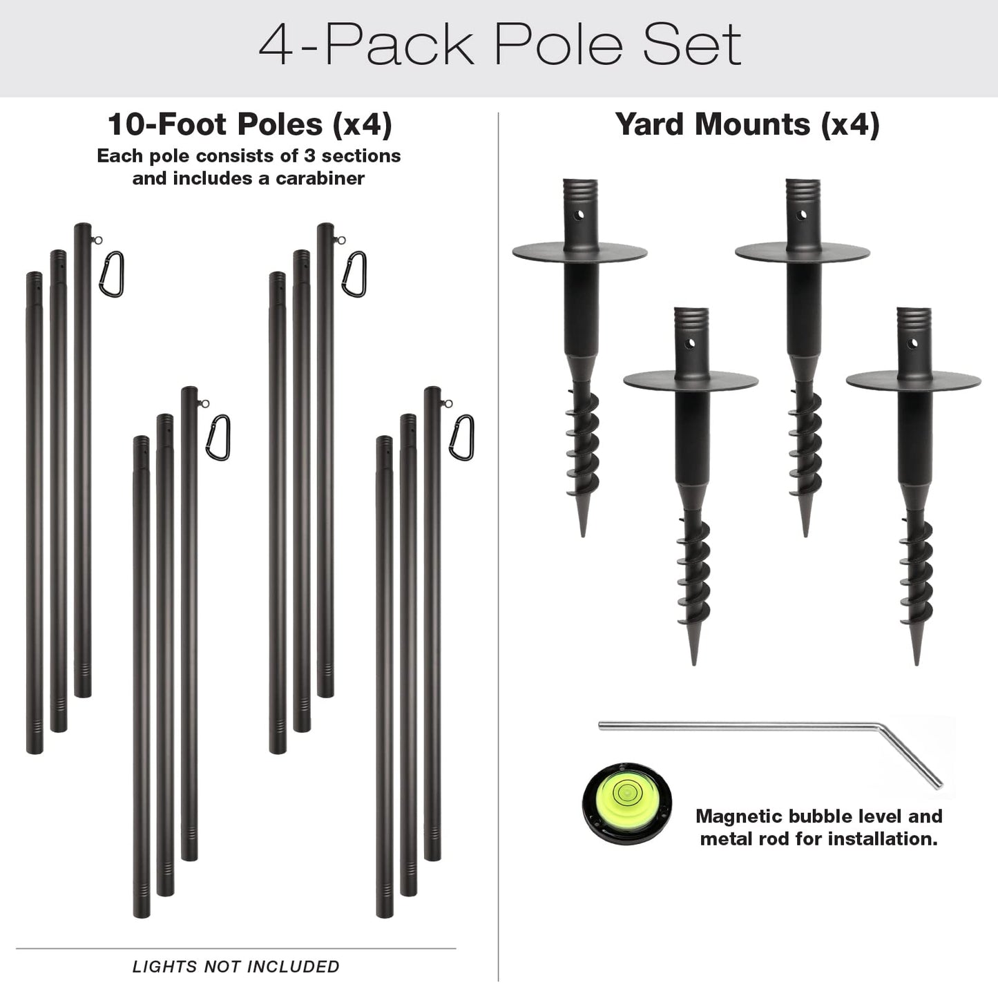 EXCELLO GLOBAL PRODUCTS Premium String Light Poles - 4 Pack - Extends to 10 Feet – Yard Mount (Grass/Dirt)