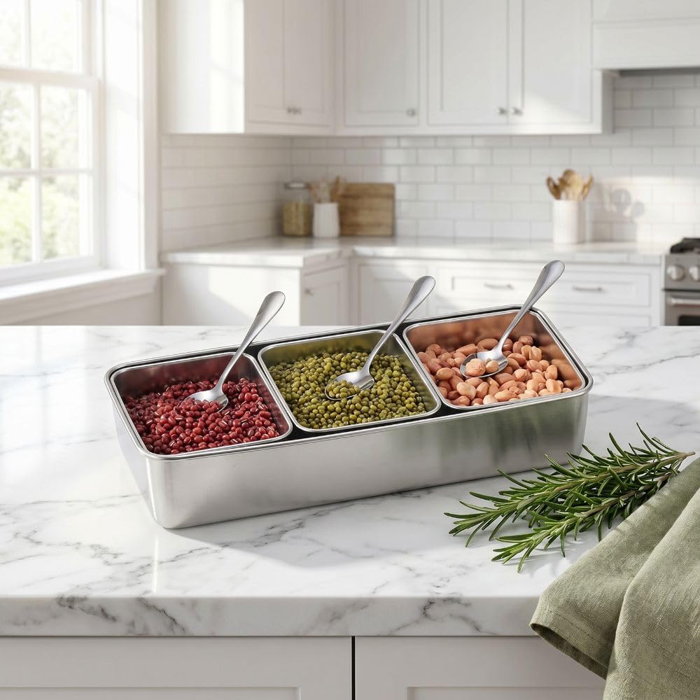 Anu Limen Stainless Steel Condiment Pots 3 Compartment – Spice Storage Box with Lid and 3Pcs Spoons for Salt, Sugar, Peppers 12.99x5.91x2.56 In
