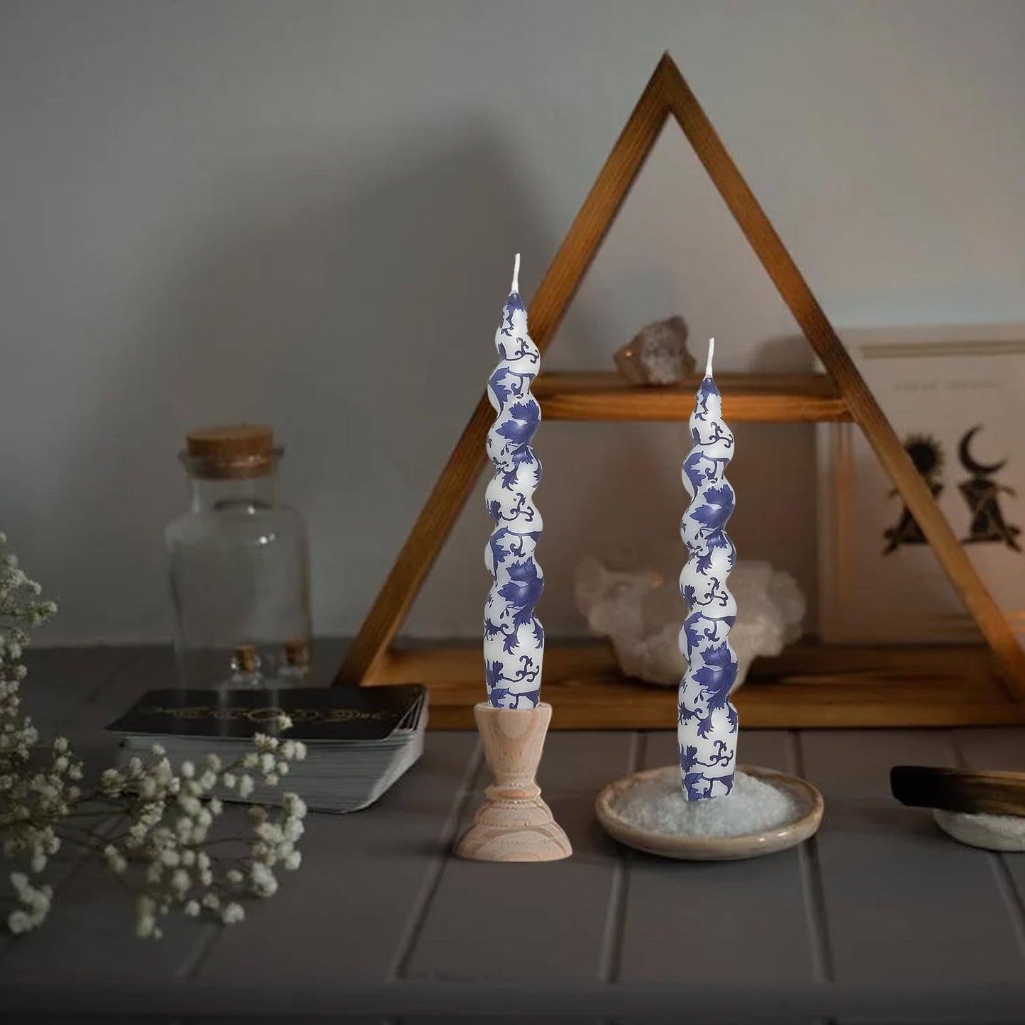 Short Taper Candle Blue and White Porcelain Candles Floral Print Spiral Candlesticks 7.5 Inch Handmade Candle Sticks for Home Wedding Party Decor Gifts Set of 2