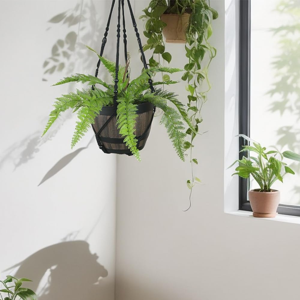 Bouqlife Large Macrame Plant Hanger Black 43 Inch Long for up to 12 Inch Pot No Tassel Cotton Rope Hanging Basket Plant Holder with Heavy Duty Ceiling Hooks