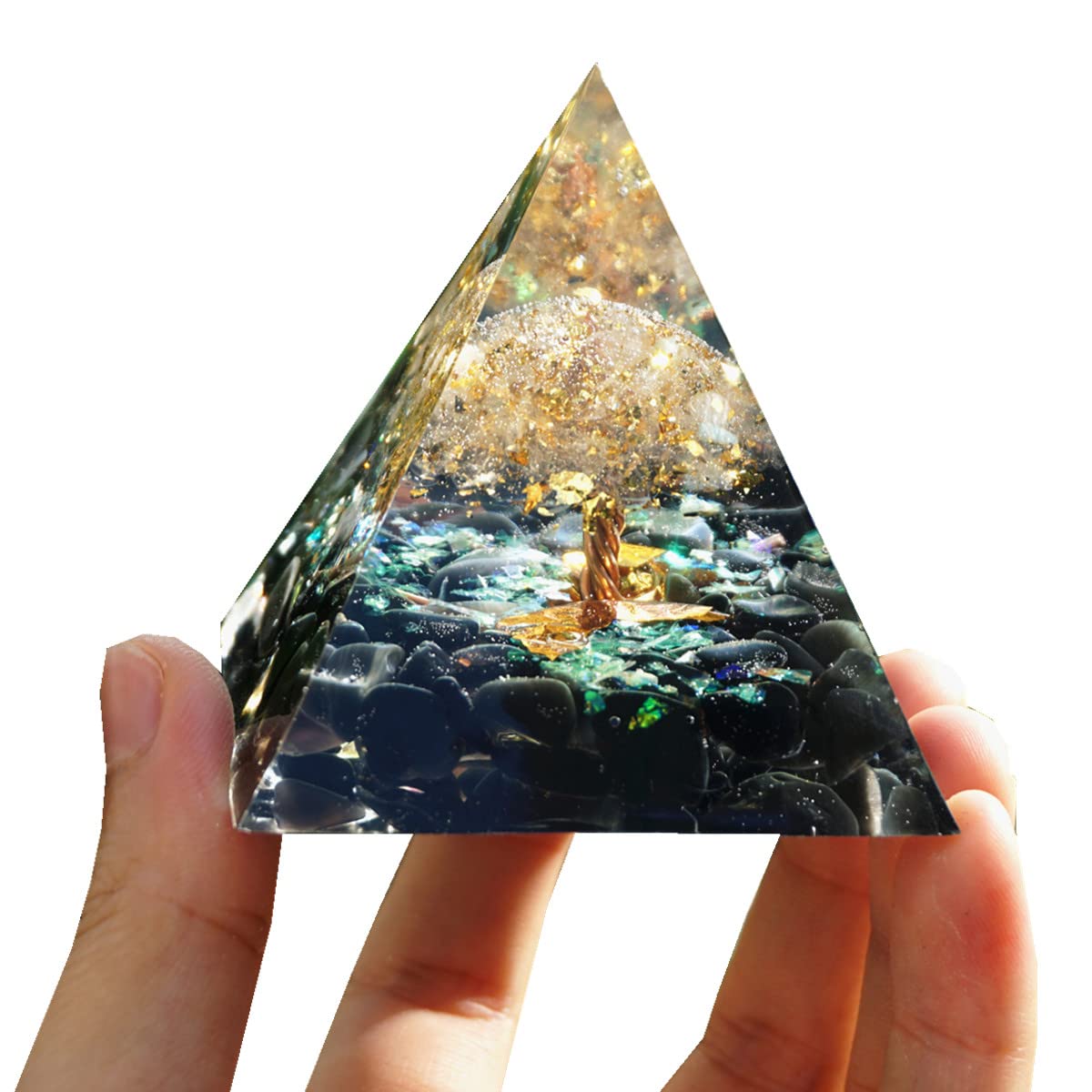 Tree of Life Orgonite Pyramid Kit White Quartz with Obsidian Stone Positive Reiki Energy Generator Crystal Healing Orgone Collection Wealth Lucky Meditation Tool