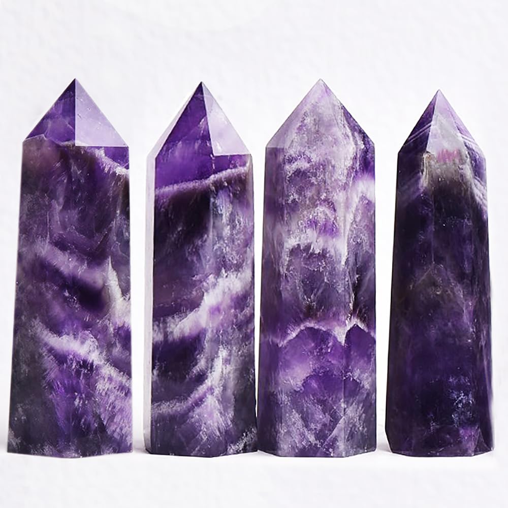 4PCS 1.96-2.75" Natural Crystals Tower Figurine Ornaments Polishing Rose Quartz Amethyst Stone Hexagonal Point Wand Obelisk Statue for Aquarium Decorative Rocks Gifts Home Decor(1.96-2.75inch 4pcs)