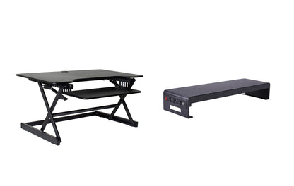 Rocelco 40" Large Height Adjustable Standing Desk Converter with Dual Monitor Stand BUNDLE - Quick Sit Stand Up Computer Workstation Riser - Retractable Keyboard Tray - Black (R DADRB-40-DMS)