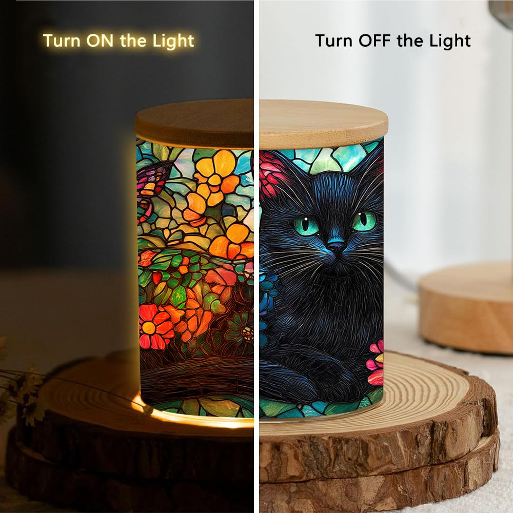 Stained Glass Black Cat Tea Light Holder Candle Jar with Battery Operated, Animal Stained Glass Memorial Candle Holder Sympathy Tealight Holder, Full Wrap Tealight Candle Jar for Home Decor