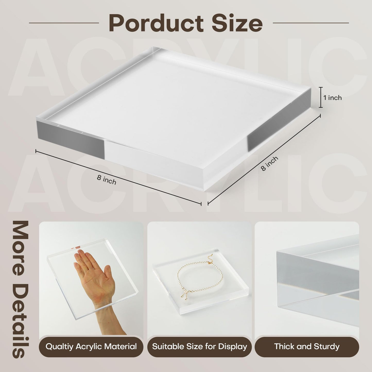 Elitnus Clear Acrylic Display Block – Solid Polished Plexiglass Riser for Jewelry, Figurines, Retail Showcase & Home Decor – Sturdy Acrylic Cube Stand (8" x 8" x 1")