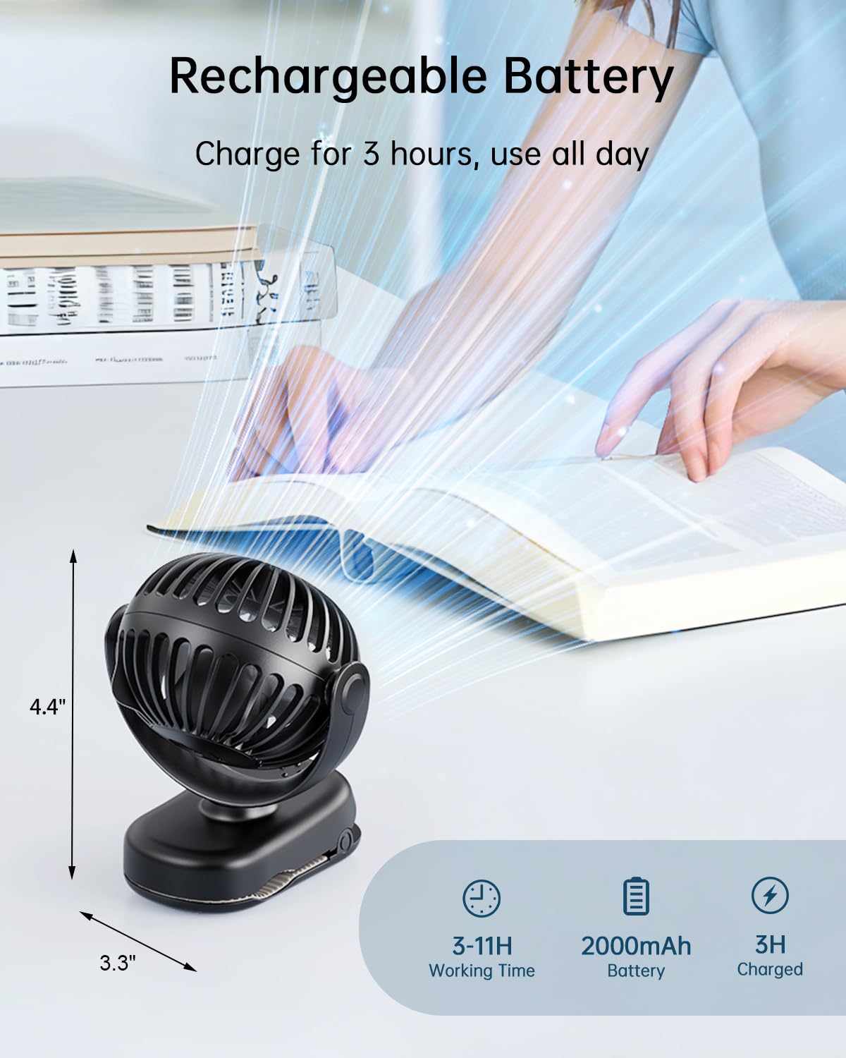 SWEETFULL Stroller Fan with Clip - Portable Rechargeable Mini Fan with Strong Clamp, 3 Speeds, 11Hrs Cooling, Cute Small Personal Desk Cooler for Bed Pet Carriers Umbrell Travel Outdoor - Black