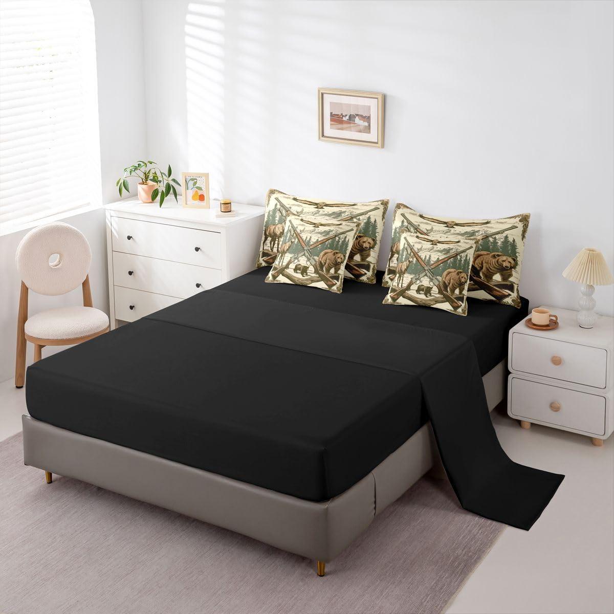 Erosebridal Shotguns 7 Piece Bedding Set Queen Hunting Comforter Set with Sheets Mountain Pine Cone Trunk Woodland Bed in a Bag Bear Deer Eagle Pattern Hunt for Teens Men Women