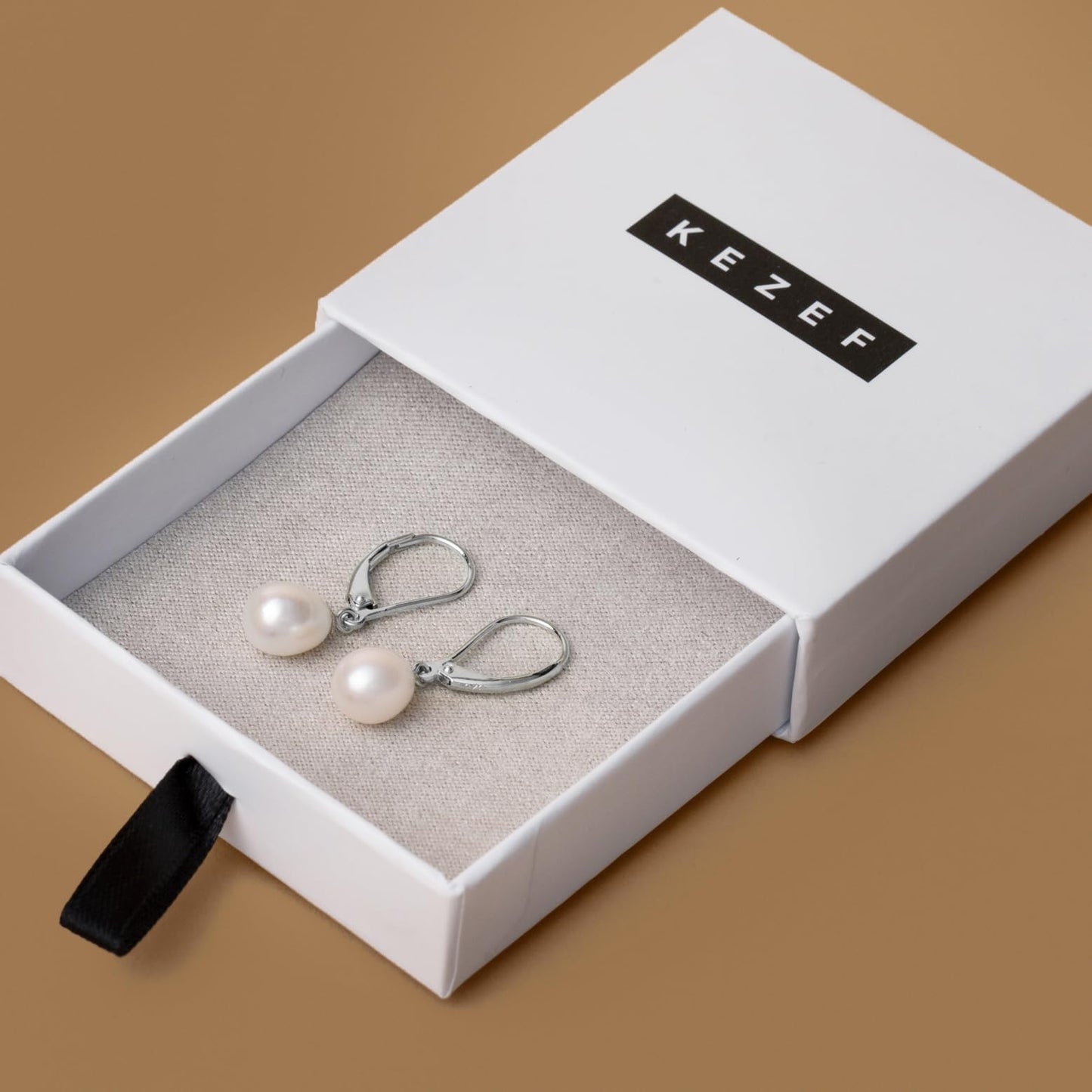 KEZEF Freshwater Cultured Pearl Drop Earrings, 14k White Gold Plated Sterling Silver, 7-8mm Dangle Earrings, Leverback, Hypoallergenic for Women, White Pearl Earrings