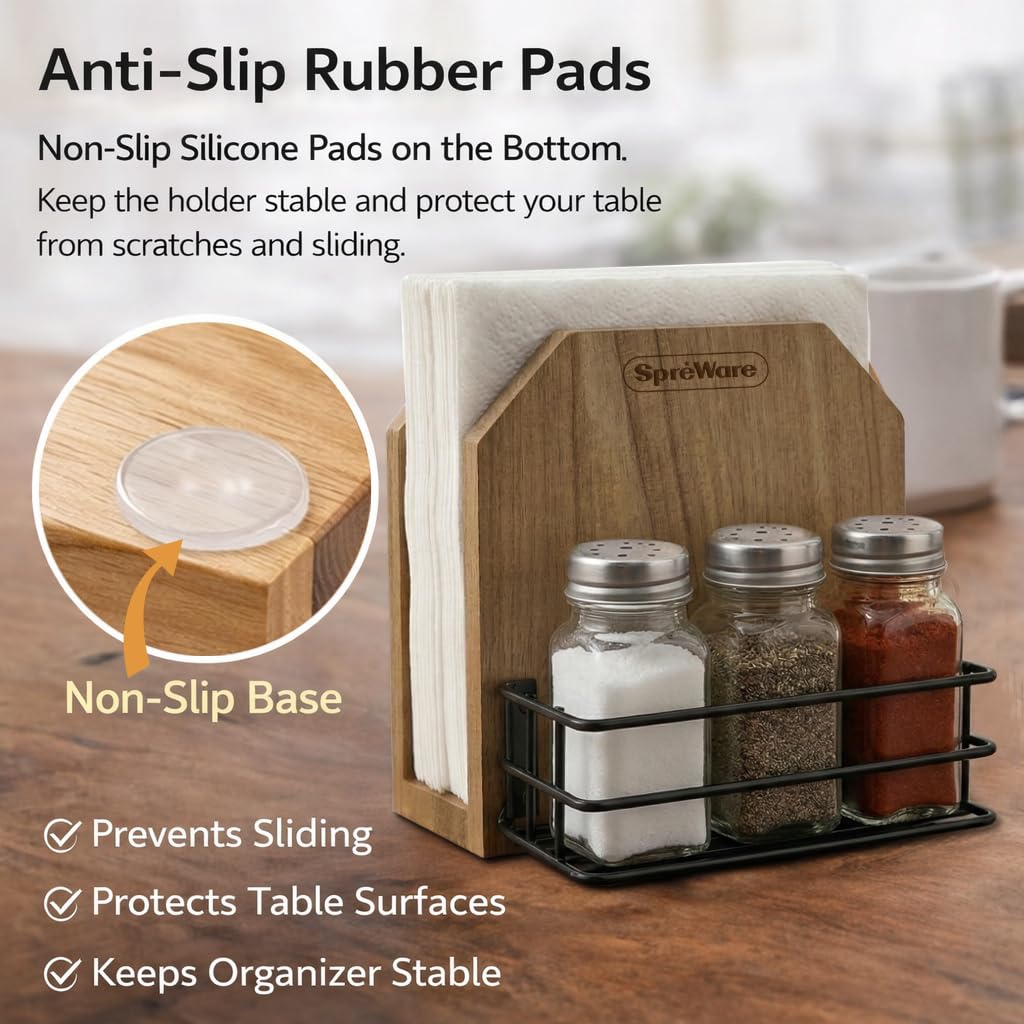 SPREWARE Acacia Wood Napkin Holder with 3 Salt & Pepper Shakers, Rustic Tabletop Napkin and Condiment Caddy, EVA Anti‑Slip Base, Holds 80 Standard Napkins – Grateful Thankful Blessed Design