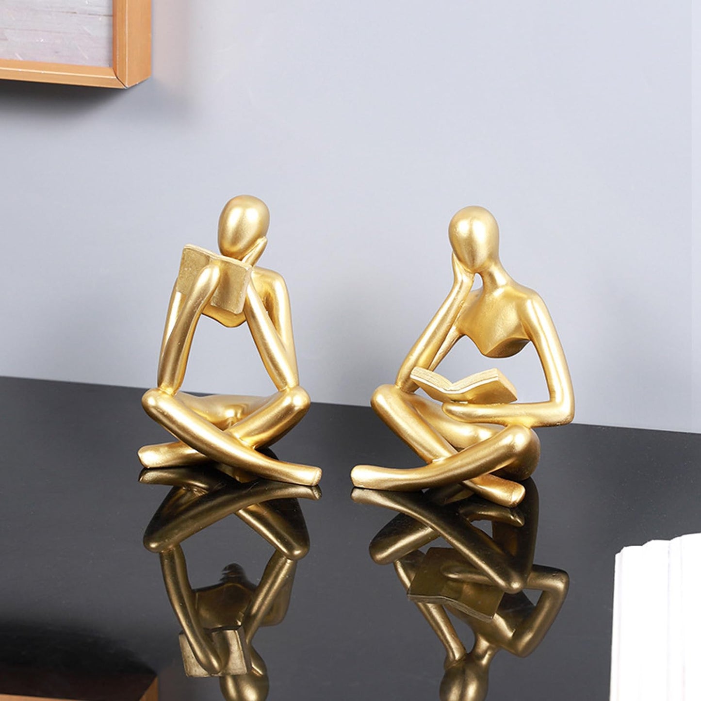 Jinkoozz Gold Reading Women Statue, Thinker Sculptures, Abstract Art Ornament, Modern Aesthetic Figurine Decoration, Suitable for Home Living Room Bedroom Office Shelf Table Desk Bookshelf Decor