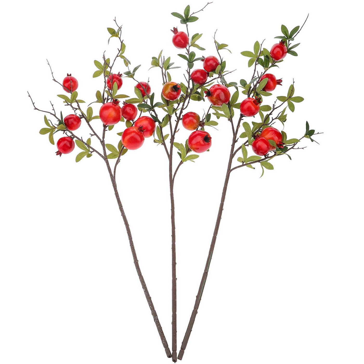 Woration 3PCS Artificial Pomegranate Tree Branches 37.4 inch Fake Vivid Fruit Pomegranate Berries Branches Lifelike Props Vase Home Party Decoration