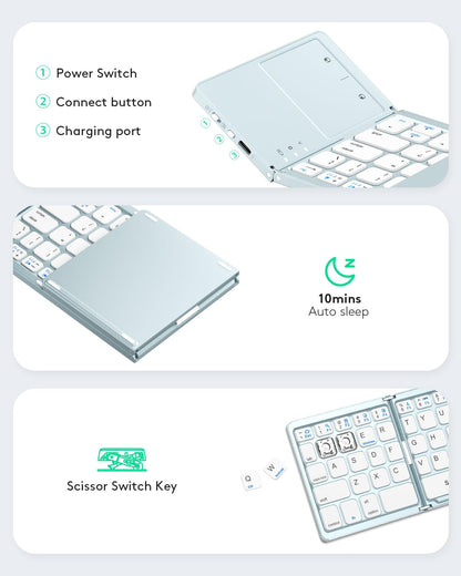 Samsers Foldable Bluetooth Keyboard with Touchpad - Portable Wireless Keyboard with Holder, Rechargeable Full Size Ultra Slim Pocket Folding Keyboards for Android Windows iOS Tablet & Laptop - Black