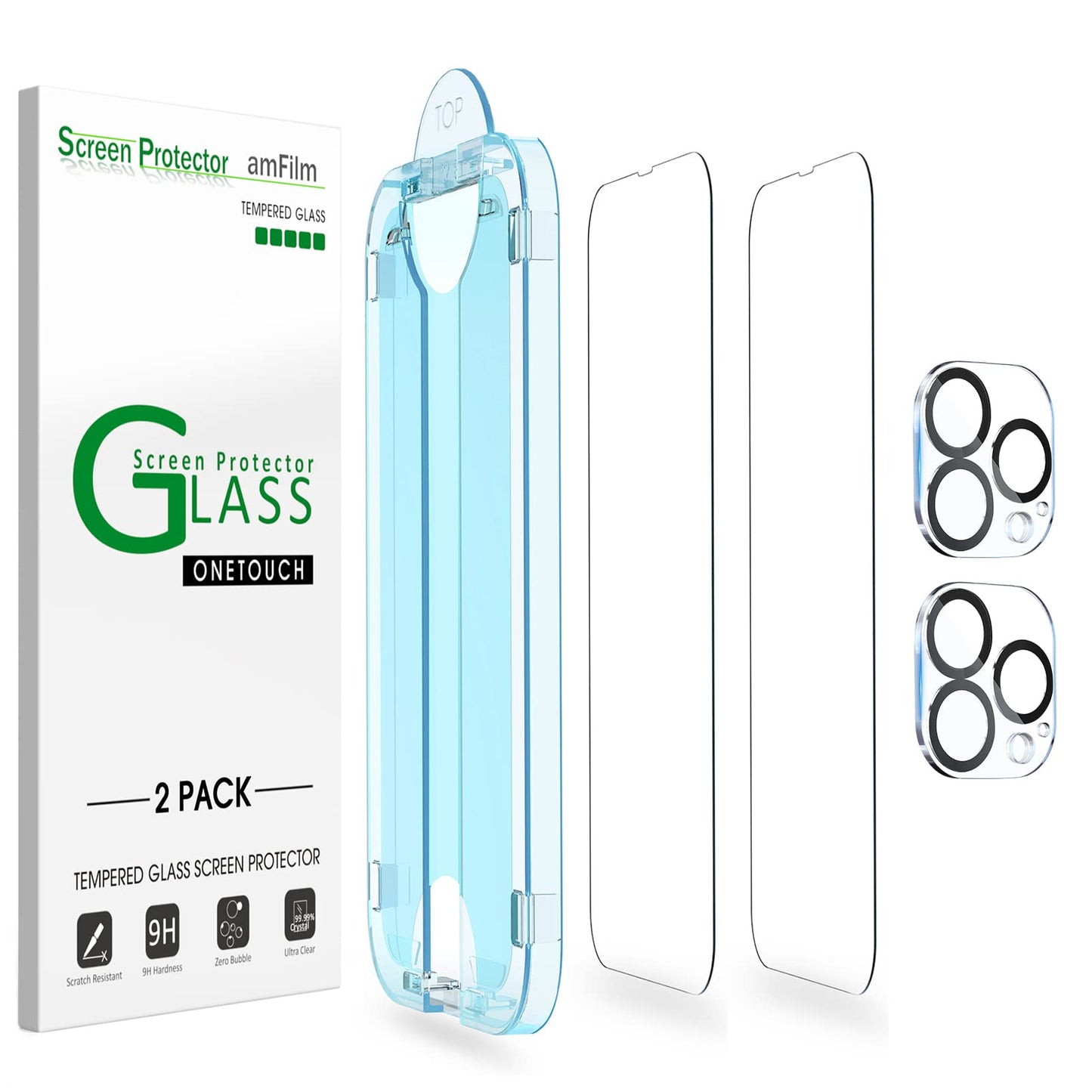 amFilm Easiest Installation OneTouch for iPhone 15 Pro Max Screen Protector [6.7 Inch] Tempered Glass + Camera Lens Protector, Auto-Alignment Tech, Bubble Free, Case Friendly, Anti-Scratch [2+2 Pack]