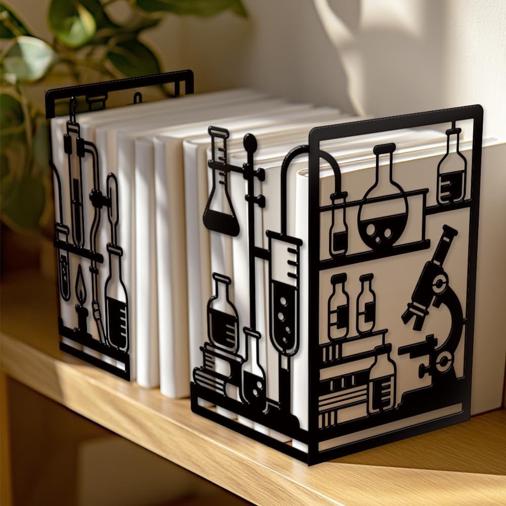 Peacoblue Metal Bookends for Shelves, Modern Decorative Heavy Duty Study Book Ends Stoppers for Office, Desk, Shelf, Room 5.5"x4.3"x8.3" Cast Iron Simple Tall Bookends 1 Pair (Chemistry Experiment)