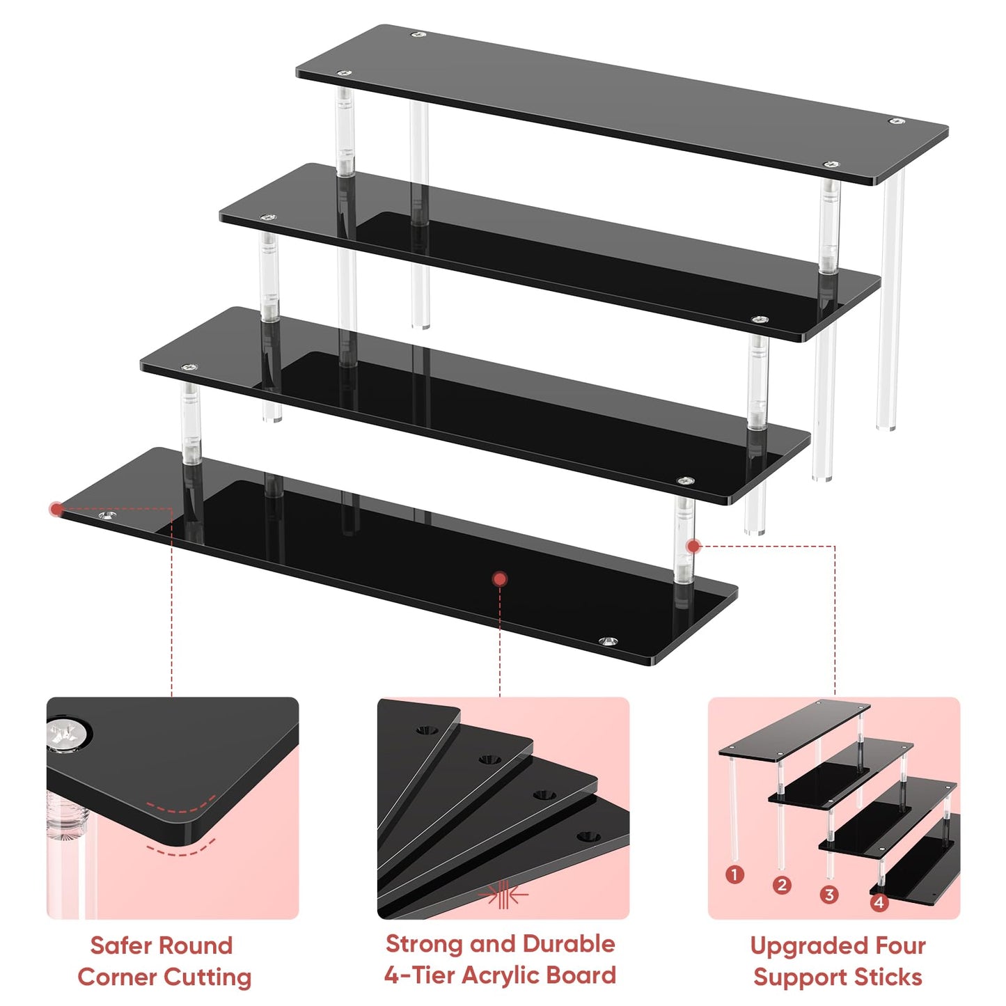 4 Tier Acrylic Display Risers, Black Perfume Organizer Stand, Large Cupcake Stand Holder, Dessert Display for Party, Display Shelf for Figure and Collection, Riser Stand for Decoration and Organizer