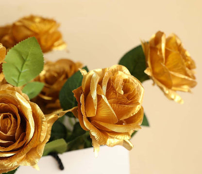 Laelfe 12 Pcs Christmas Gold Roses Artificial Flowers Long Stem Faux Silk Gold Flowers Fake Roses for Wedding Bridal Bouquet Home Party Hotel Garden Decorations