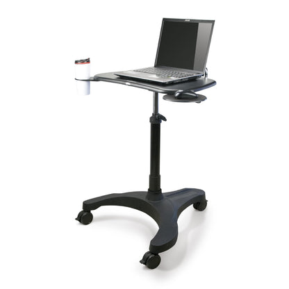 EHO Mobile Laptop Desk Cart with Wheels, Height Adjustable Standing Desk with Pneumatic Lift, Rolling Workstation with Mouse Tray and Cup Holder, Portable Table for Home Office or Classroom