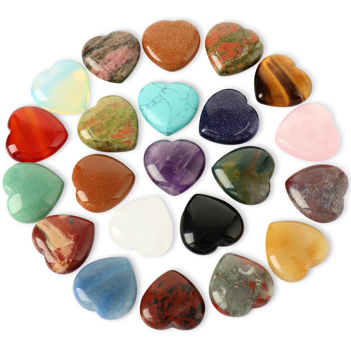 CASMON 8 Pcs Natural Mix Heart Stones Set (1 Inches), Puff Hearts Healing Palm Crystal with Gift Box for Chakra Reiki Home Décor