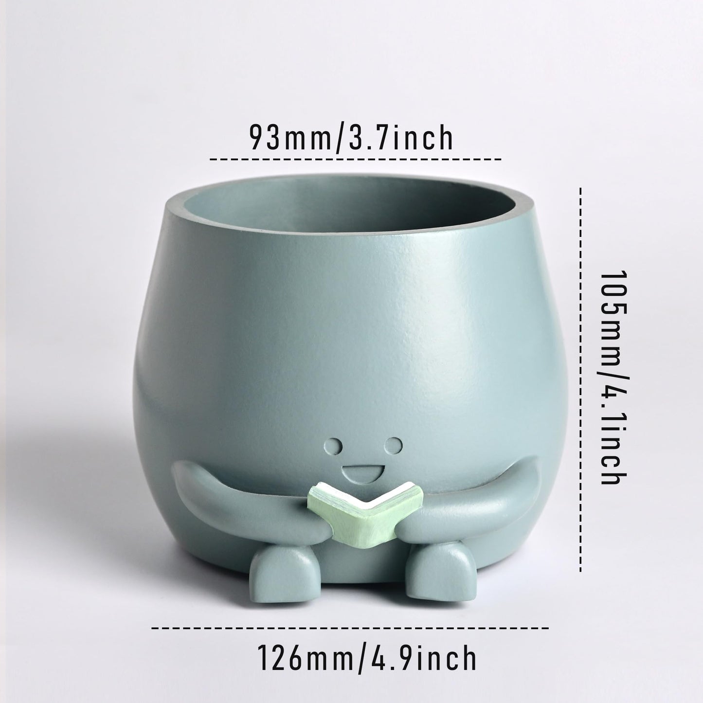 ZSHAWN Smiley Face Planter, Book Lover Plant Pot, Resin Bookworm Planter with Drainage Hole Plug, Cute Reading Succulent Pot Happy Face Indoor Desk Bookshelf Home Decor Blue