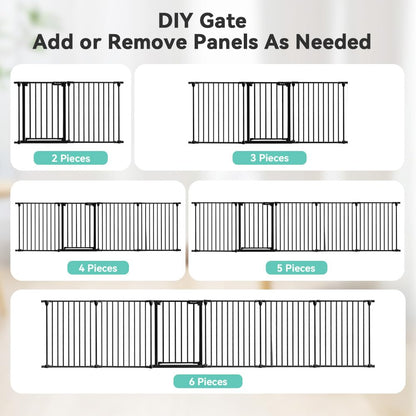 COMOMY 380cm Extra Wide Baby Gate, Dog Gates for Stairs Doorways, Fire Guard Safety Gates for Kids&Pets, Auto Close Baby Fence Barrier Indoor with Door, Hardware Mounted, 6-Panels (76cm Tall, Black)