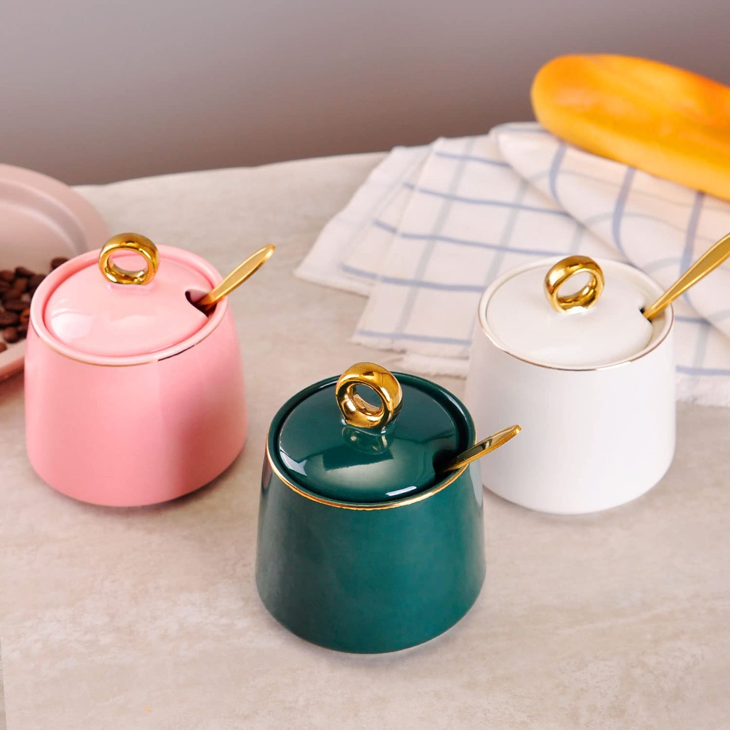 WHJY Ceramic Sugar Bowl with Lid and Spoon, Simple White Clear Porcelain Salt Bowl Salt Container, Modern Spice Box Seasoning Jar for Home and Kitchen Coffee Bar - Green
